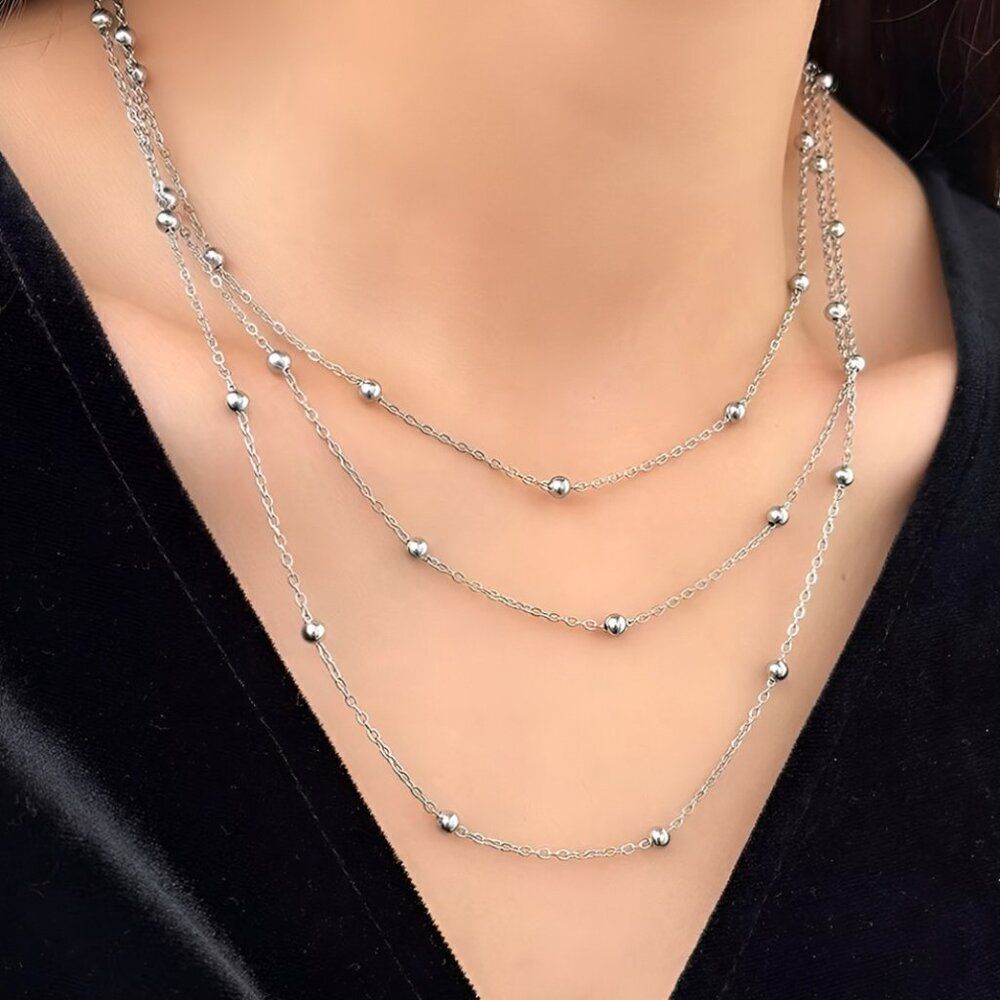 Triple‎ Layer Station Chain Necklace in Silver